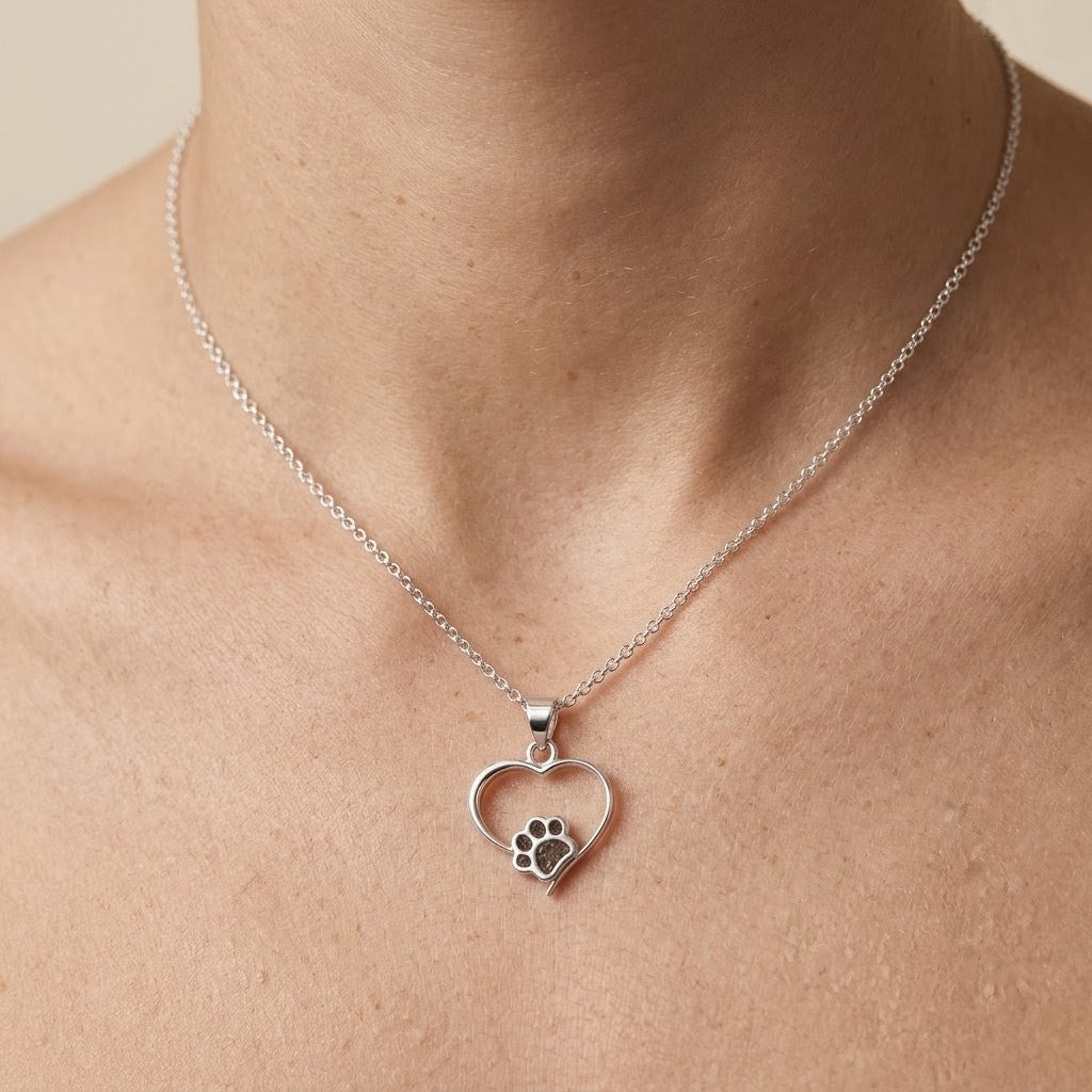 Colgante corazón con huella de cenizas puesto en el cuello, recuerdo en plata de ley