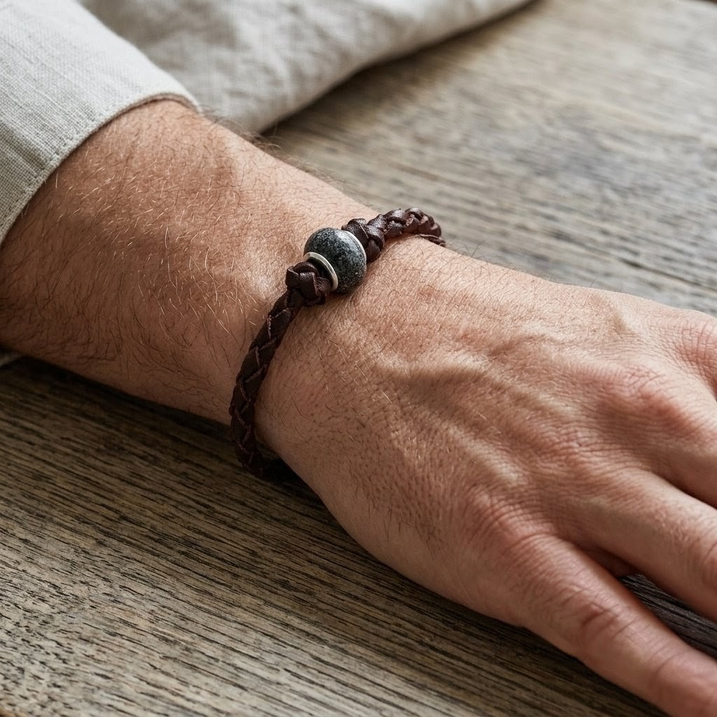 Pulsera con cuenta de cenizas y cuero trenzado puesta en la muñeca, joya memorial artesanal en plata de ley