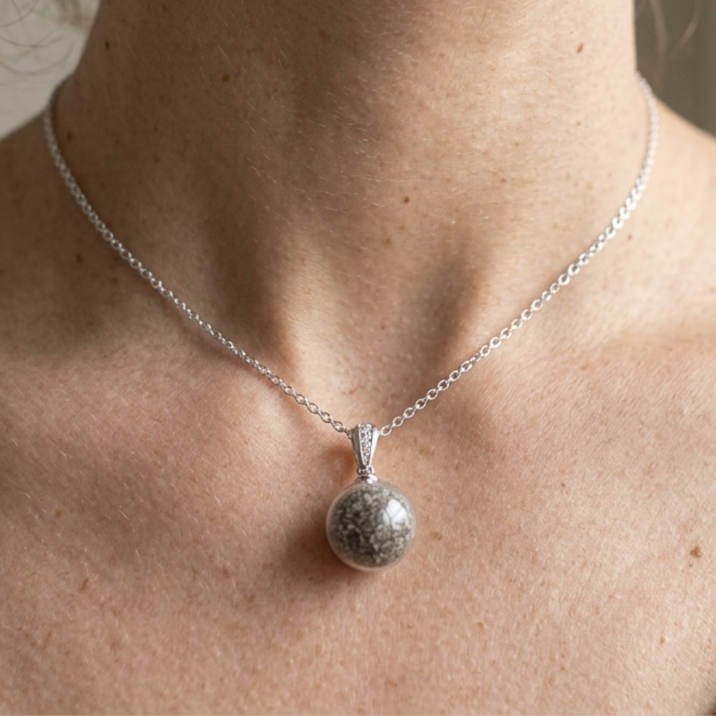 Colgante perla de cenizas con circonitas puesto en el cuello, recuerdo en plata de ley